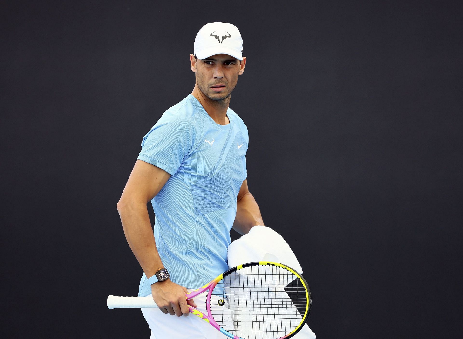 Rafael Nadal at a training session at the Brisbane International