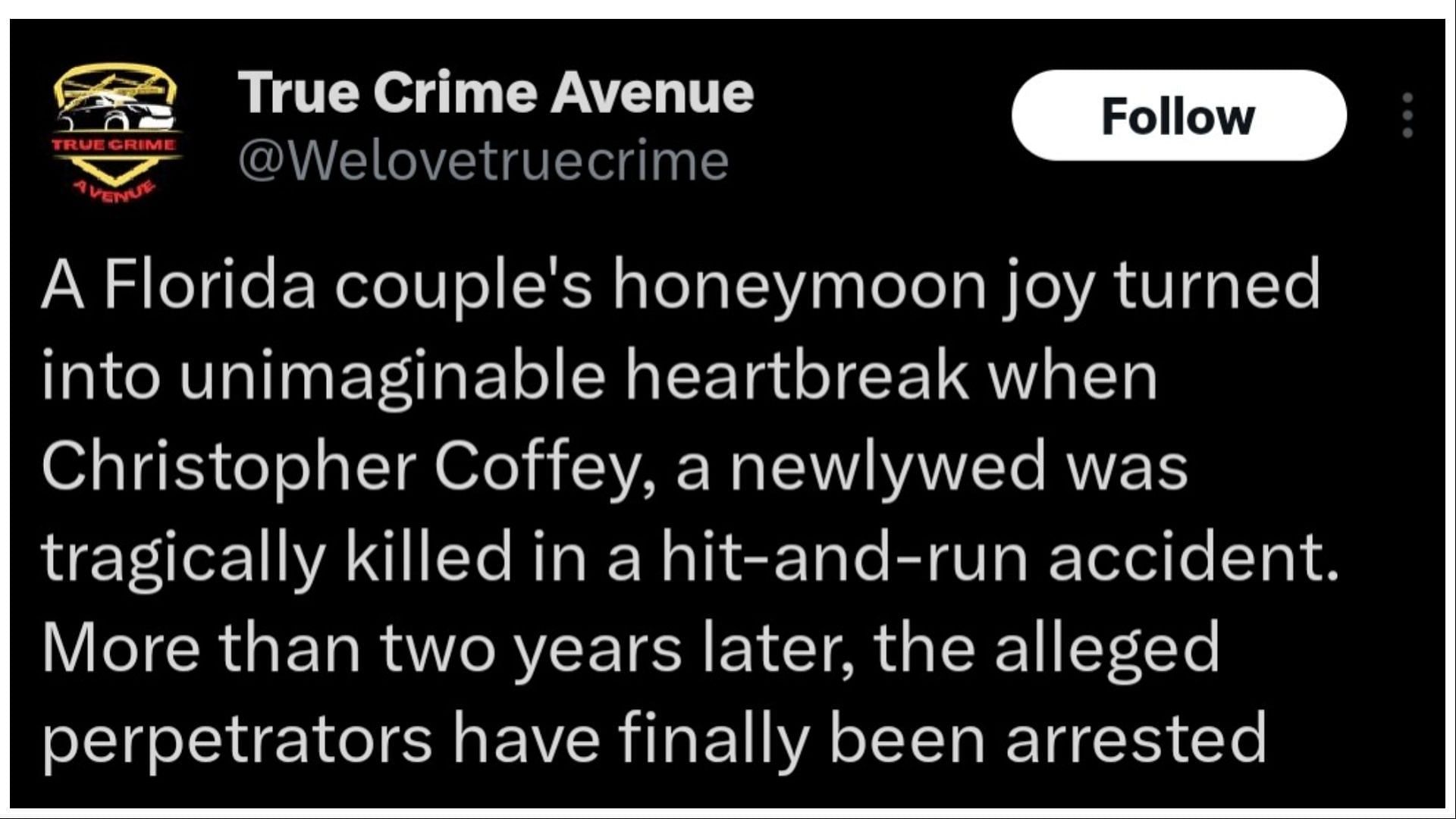 The victim had just gotten married, a day before the crash (Image via True Crime Avenue/X)