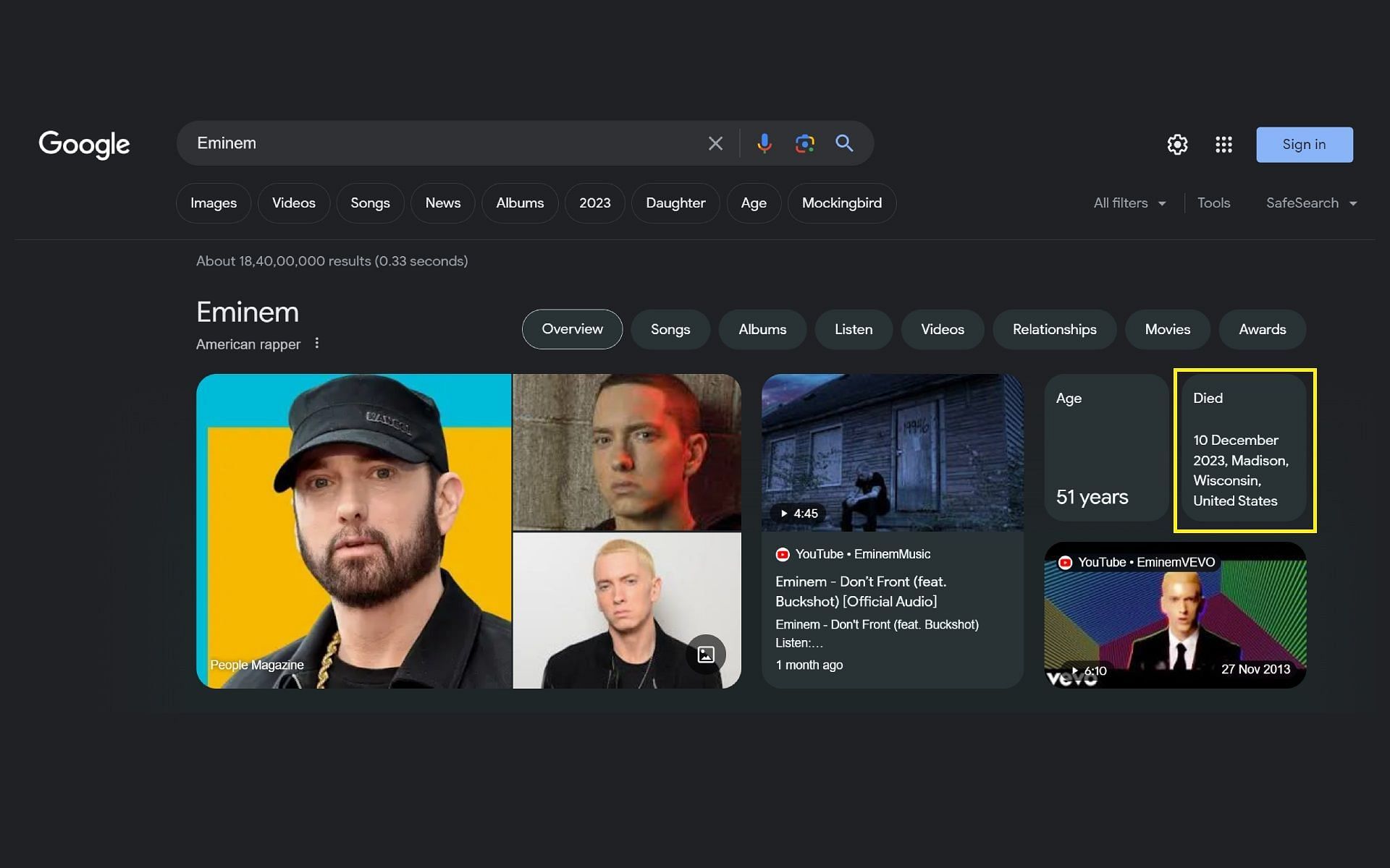 A screenshot of Google&#039;s information claiming Eminem died on December 10, 2023 (Image via Google)