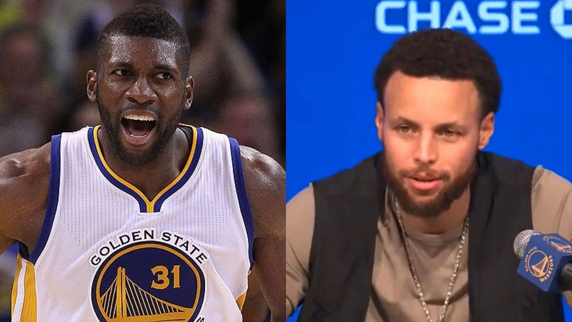 Festus Ezeli makes an appearance during a Stephen Curry postgame presser