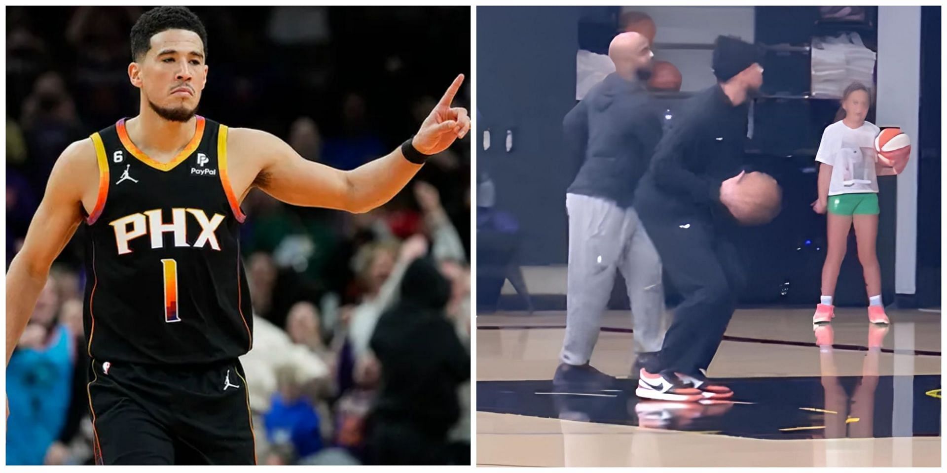 Devin Booker reveals an exclusive look at the upcoming Nike Book 1 colorway during warm-up before the game against the Hornets.