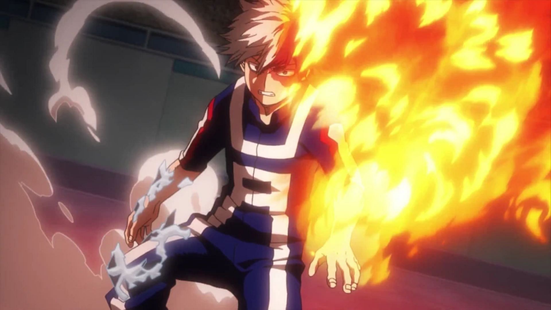 Todoroki&#039;s quirk lets him use fire and ice powers on each side of his body. (Image via Studio Bones)