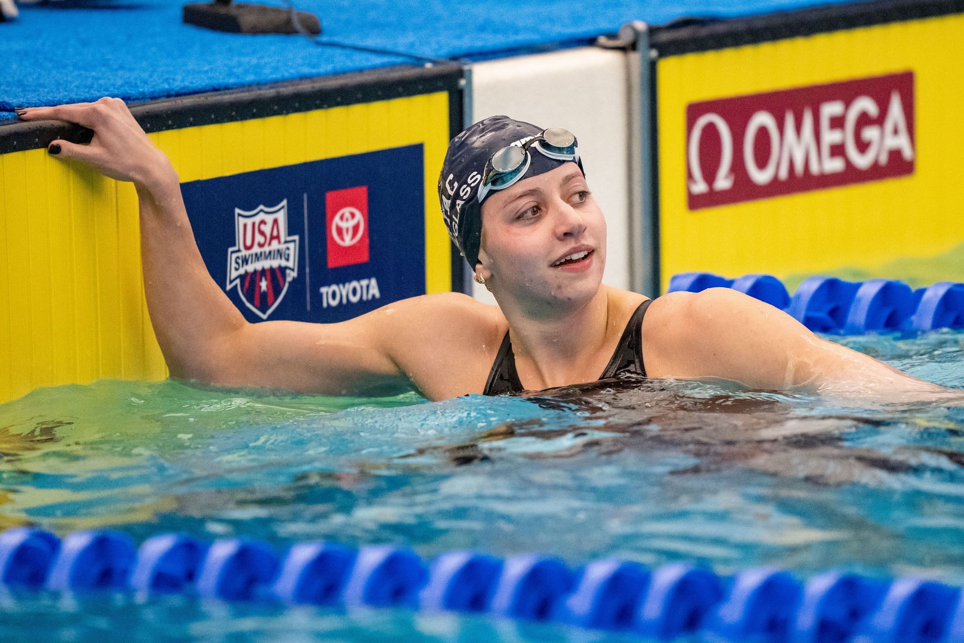 Kate Douglass reacts after winning the Women&#039;s 50 Meter Freestyle Final at the 2023 Toyota US Open at the Greensboro Aquatic Center in Greensboro, North Carolina.