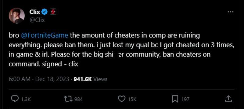 Cody requests Fortnite to ban cheaters (Image via X/@Clix)