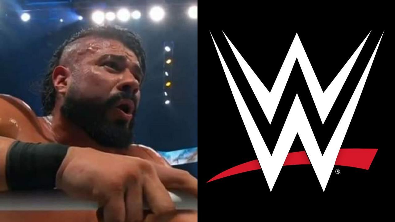 Andrade El Idolo (left) and WWE logo (right)