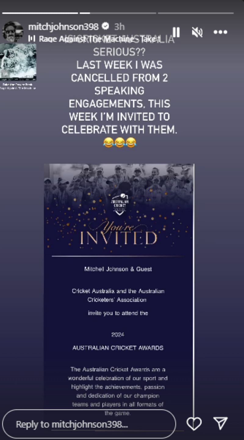 A screenshot of the awards invite shared by Mitchell Johnson.