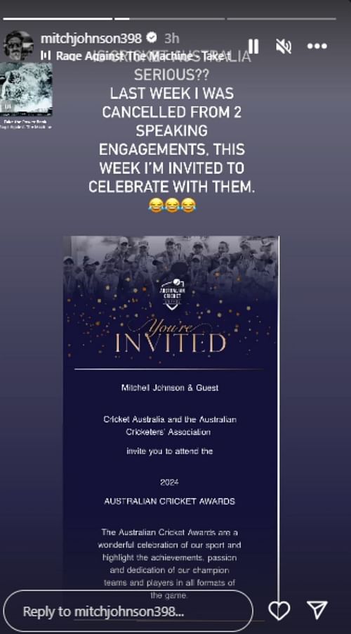 A screenshot of the awards invite shared by Mitchell Johnson.