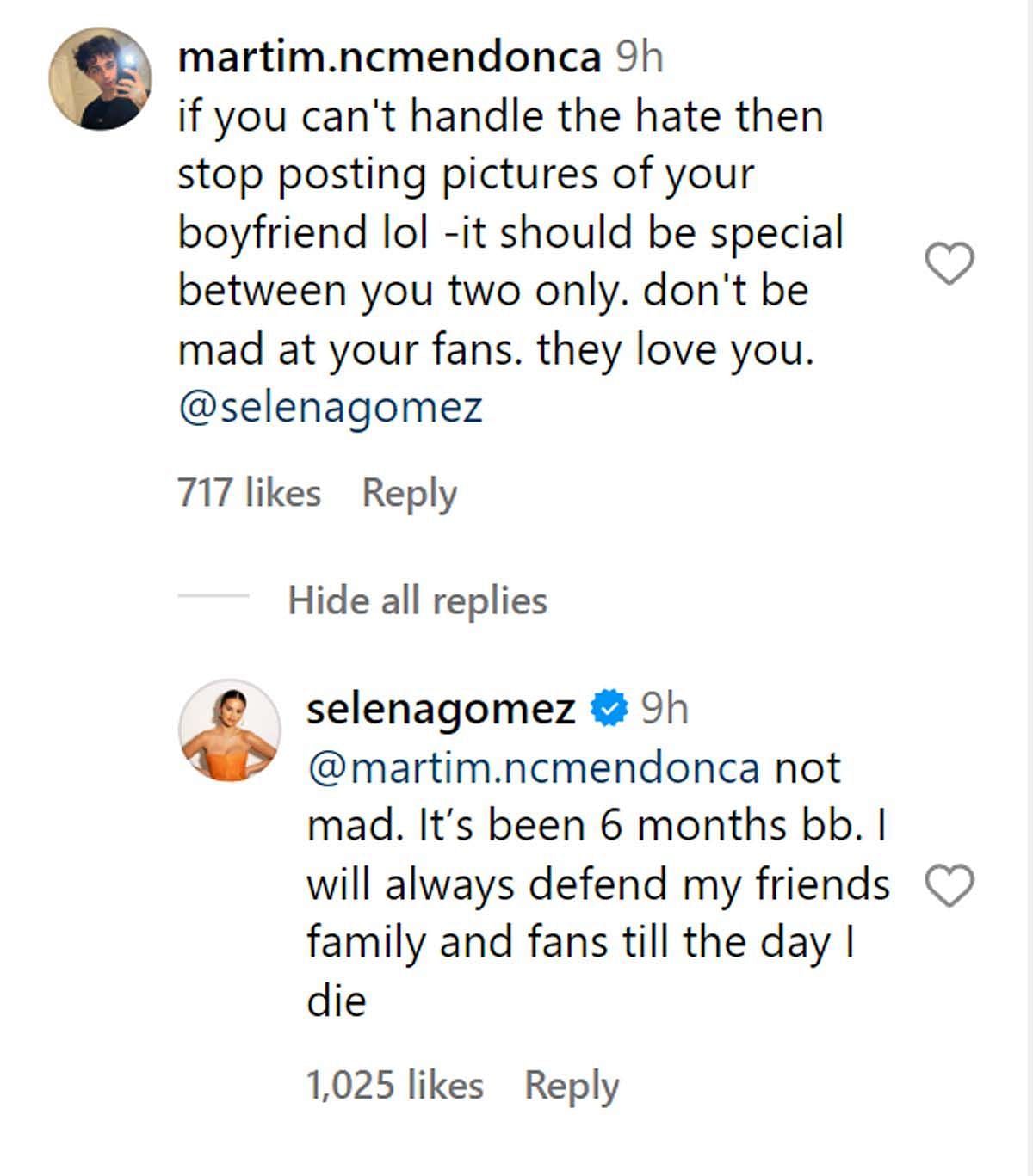 Selena reacting to the comments (Image via Instagram/ @martim.ncmendonca, @selenagomez)