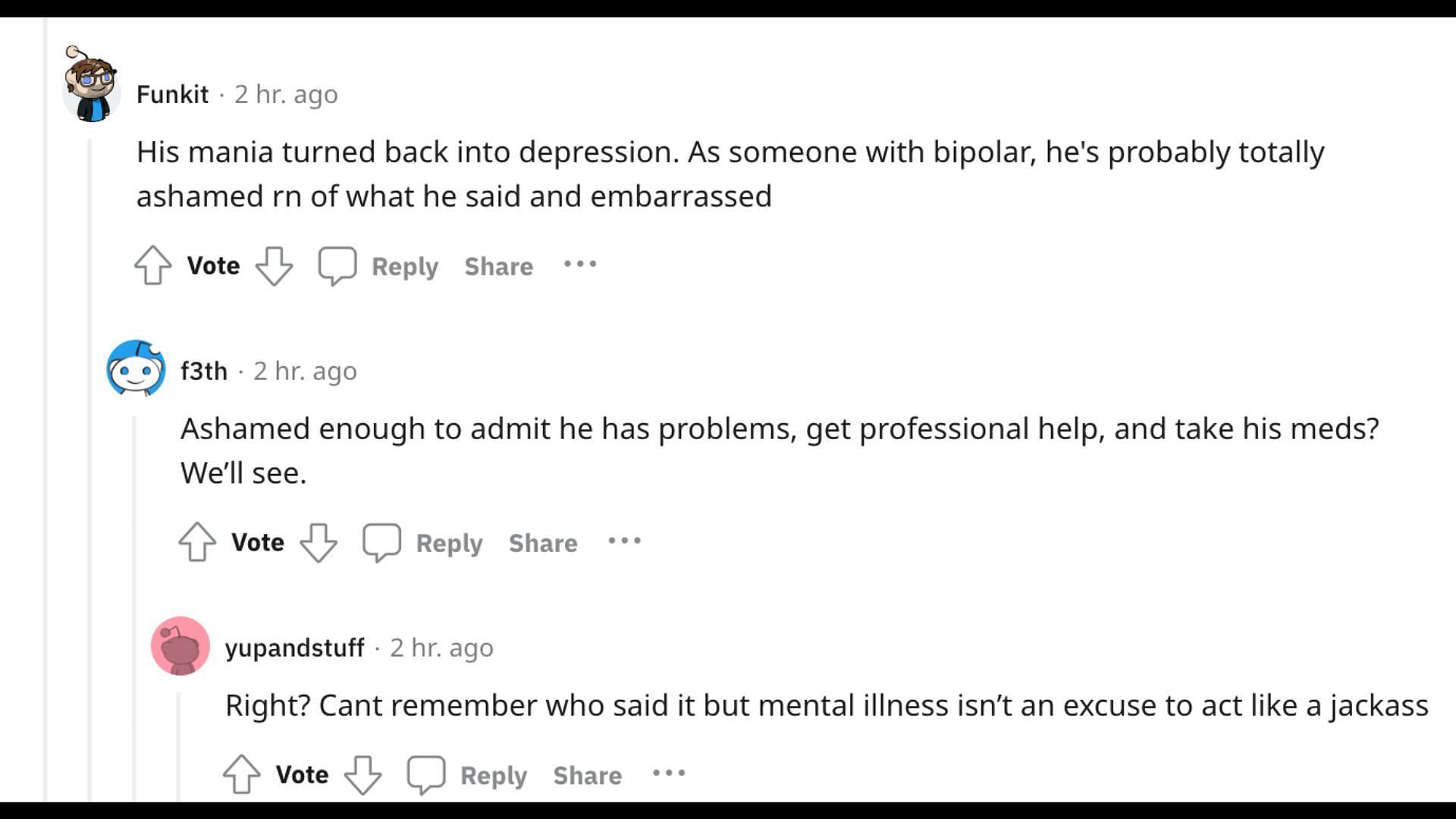 Redditors discuss Kanye&#039;s mental health (Image via Reddit)