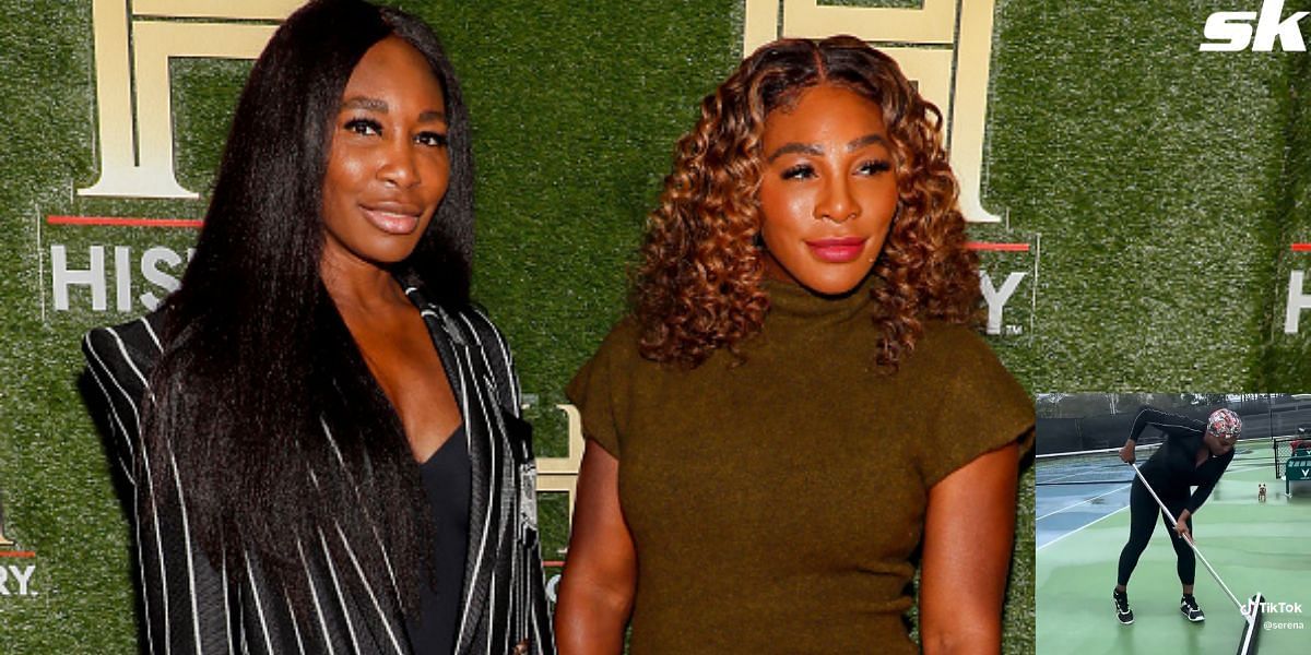 Serena Williams and Venus Williams clean up water puddles on a tennis court