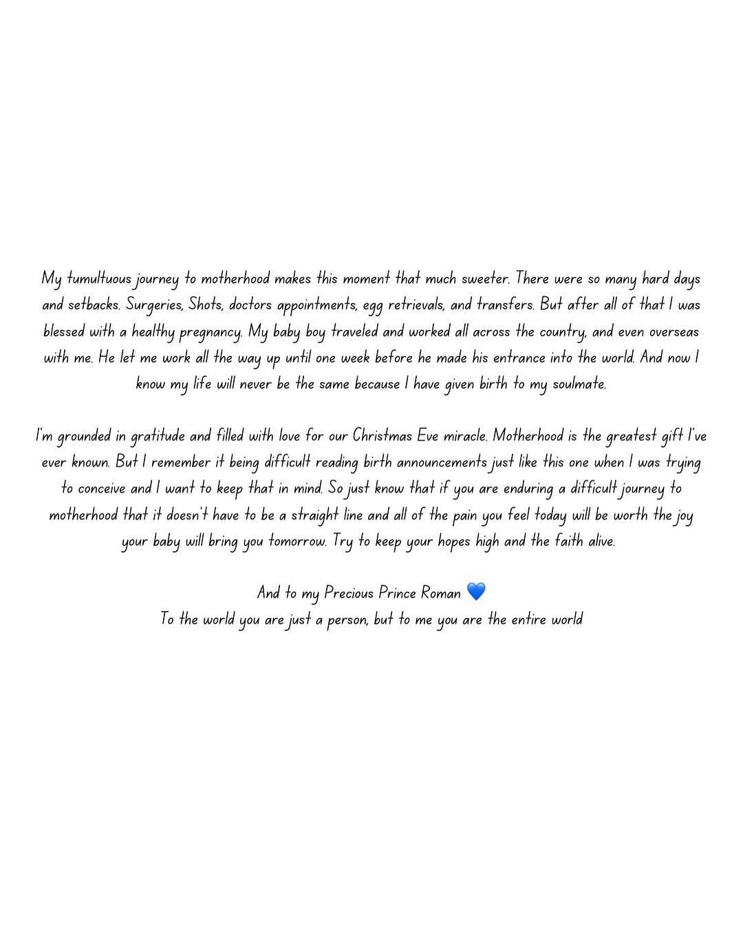 Taylor&#039;s message about the birth of her son Roman. (Maria Taylor/IG)