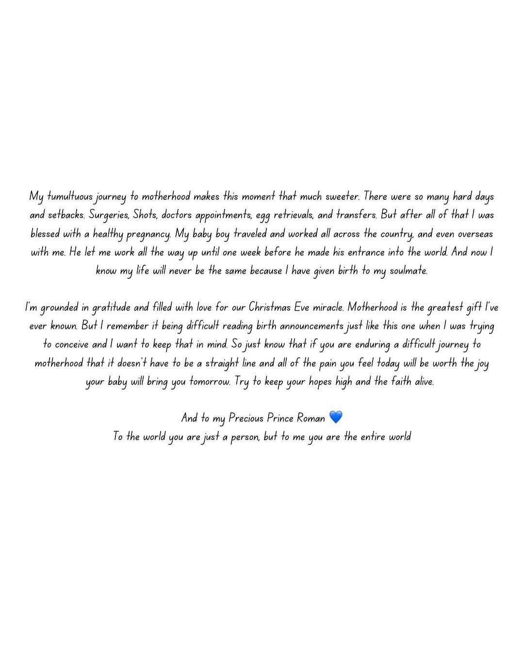 Taylor's message about the birth of her son Roman. (Maria Taylor/IG)