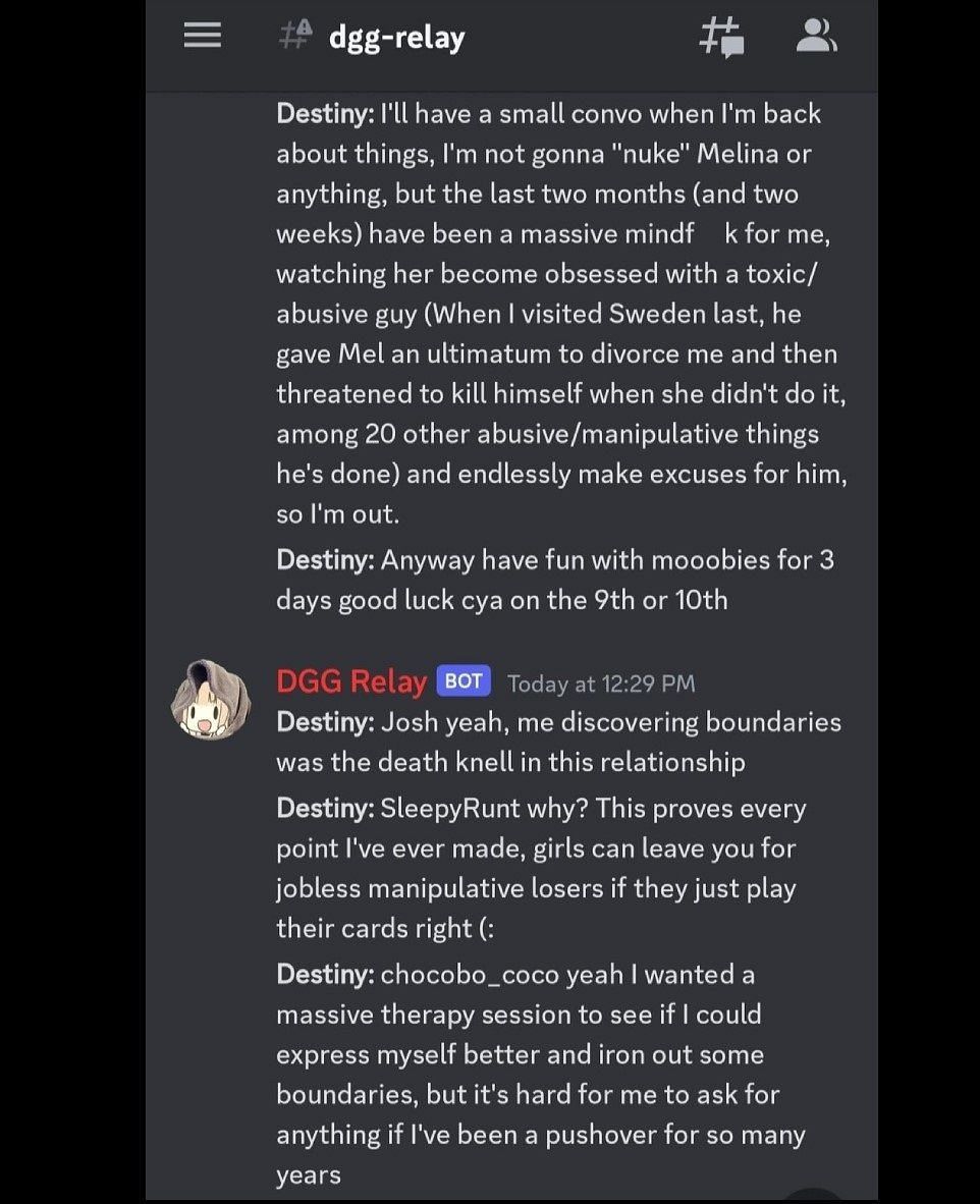 Screenshot of Destiny&#039;s alleged Discord message (Image via @UselessIcarus/status/1732643777720795243)