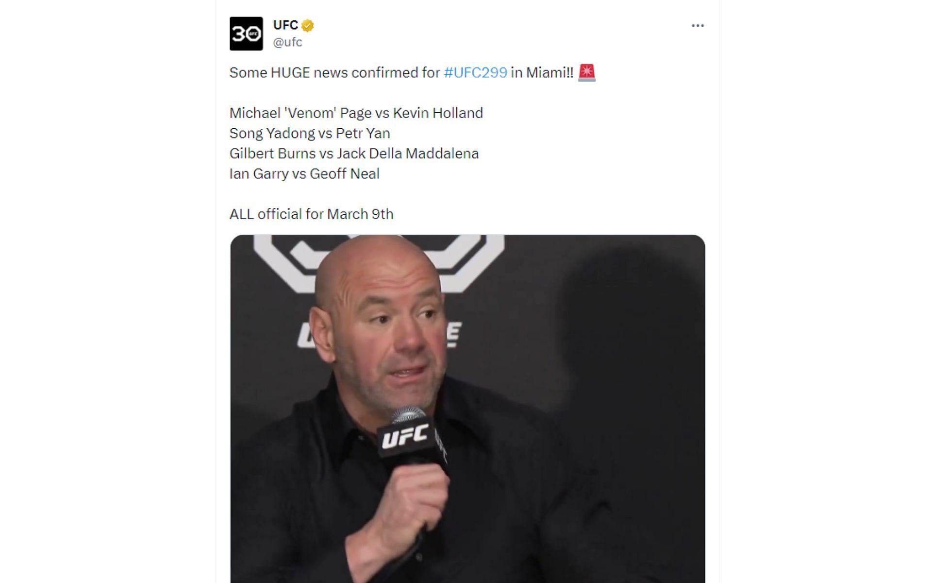 Tweet regarding bout announcements for UFC 299