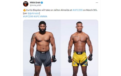 Tweet regarding Curtis Blaydes vs. Jailton Almeida being in the works