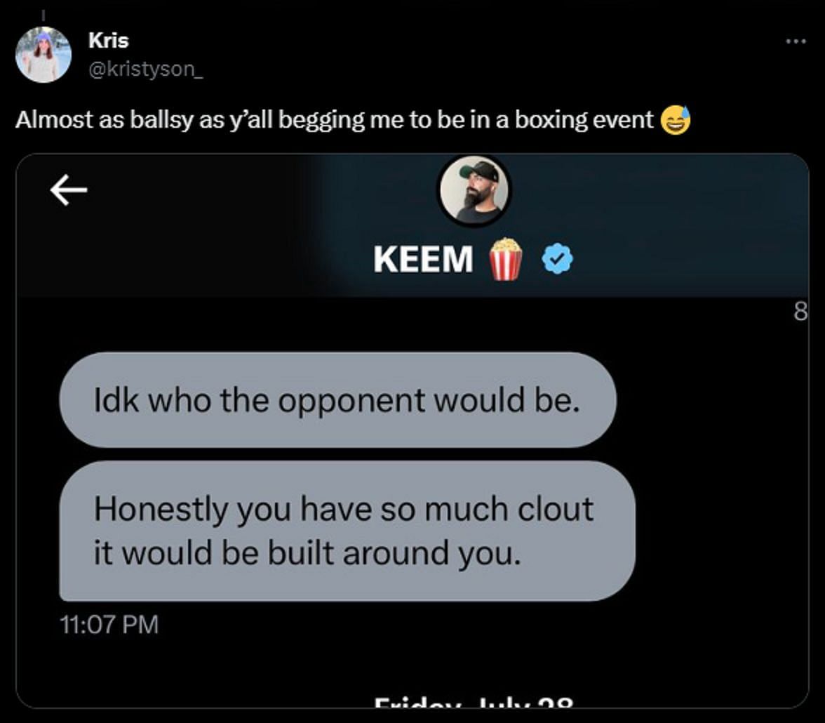 Kris reveals how Keemstar wanted her to fight in a boxing match (Image via X/@Kristyson_)