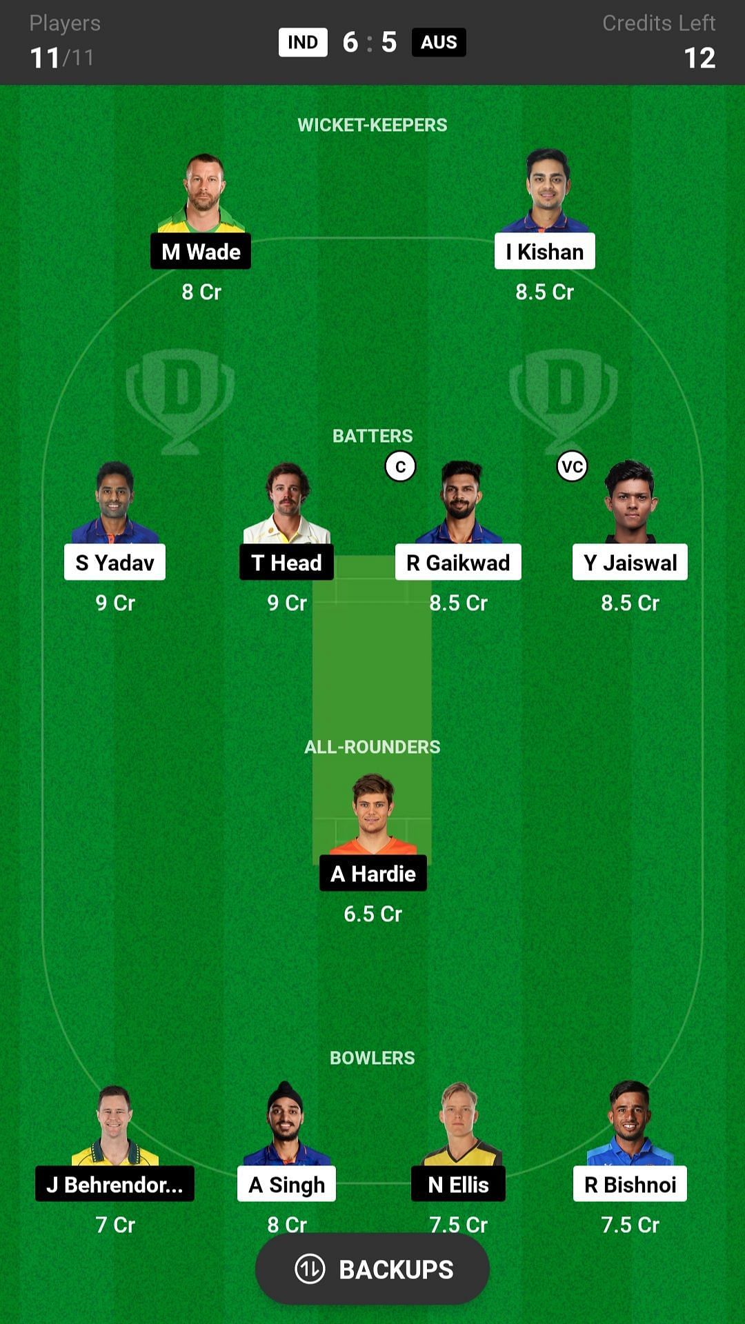India vs Australia - Dream11 Fantasy suggestion #1 (Head-to-head)