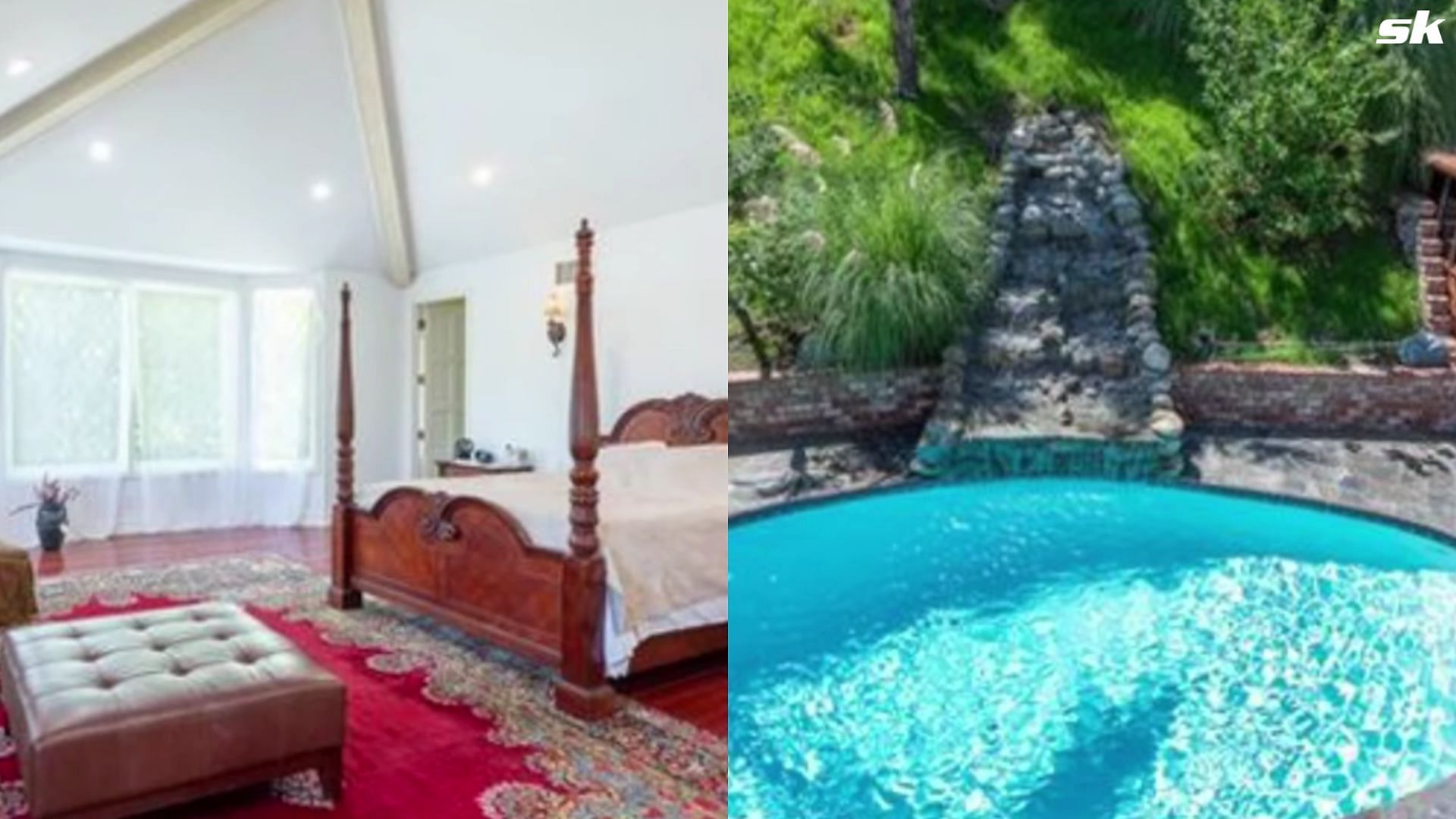 Bedroom and outside pool at the Encino mansion