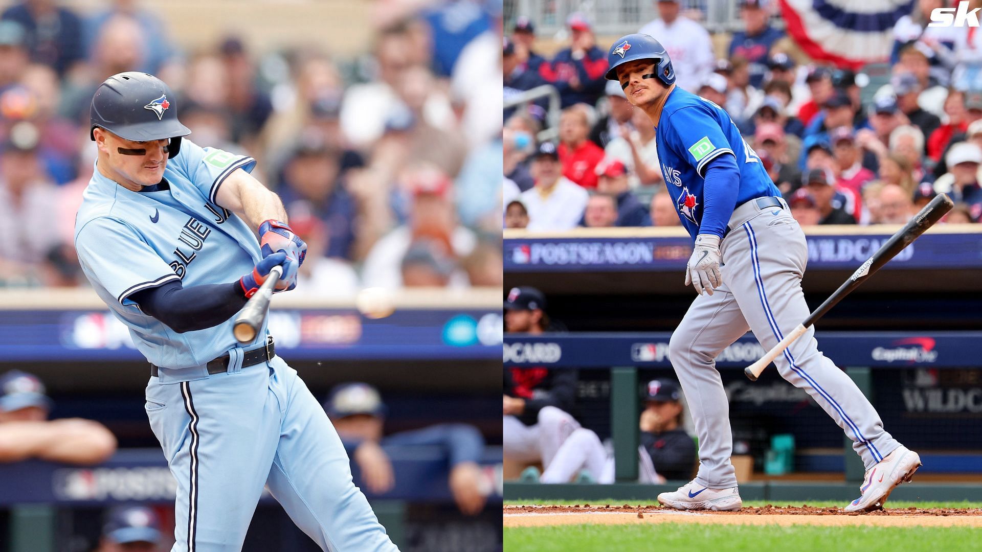 Matt Chapman of the Toronto Blue Jays hits a single against the Minnesota Twins in the MLB