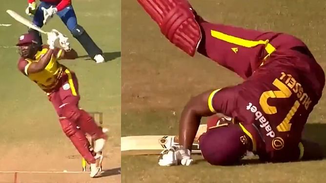 [WATCH] Andre Russell falls after smashing a freak six against Tymal Mills