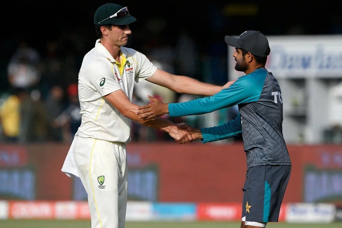 Pat Cummins and Babar Azam shaking hands