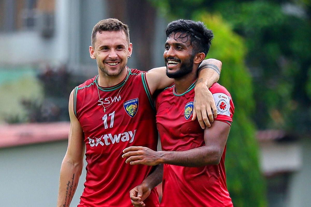 Jordan Murray (left) was on target for Chennaiyin FC against the Kerala Blasters.