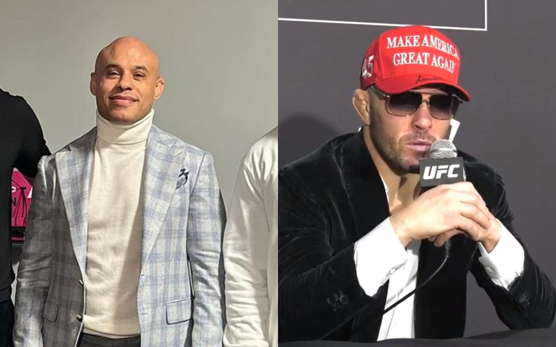 Ali Abdelaziz (left) and Sean Strickland during a press conference (right) (Images courtesy @aliabdelaziz on Instagram and @MMAFighting on X)