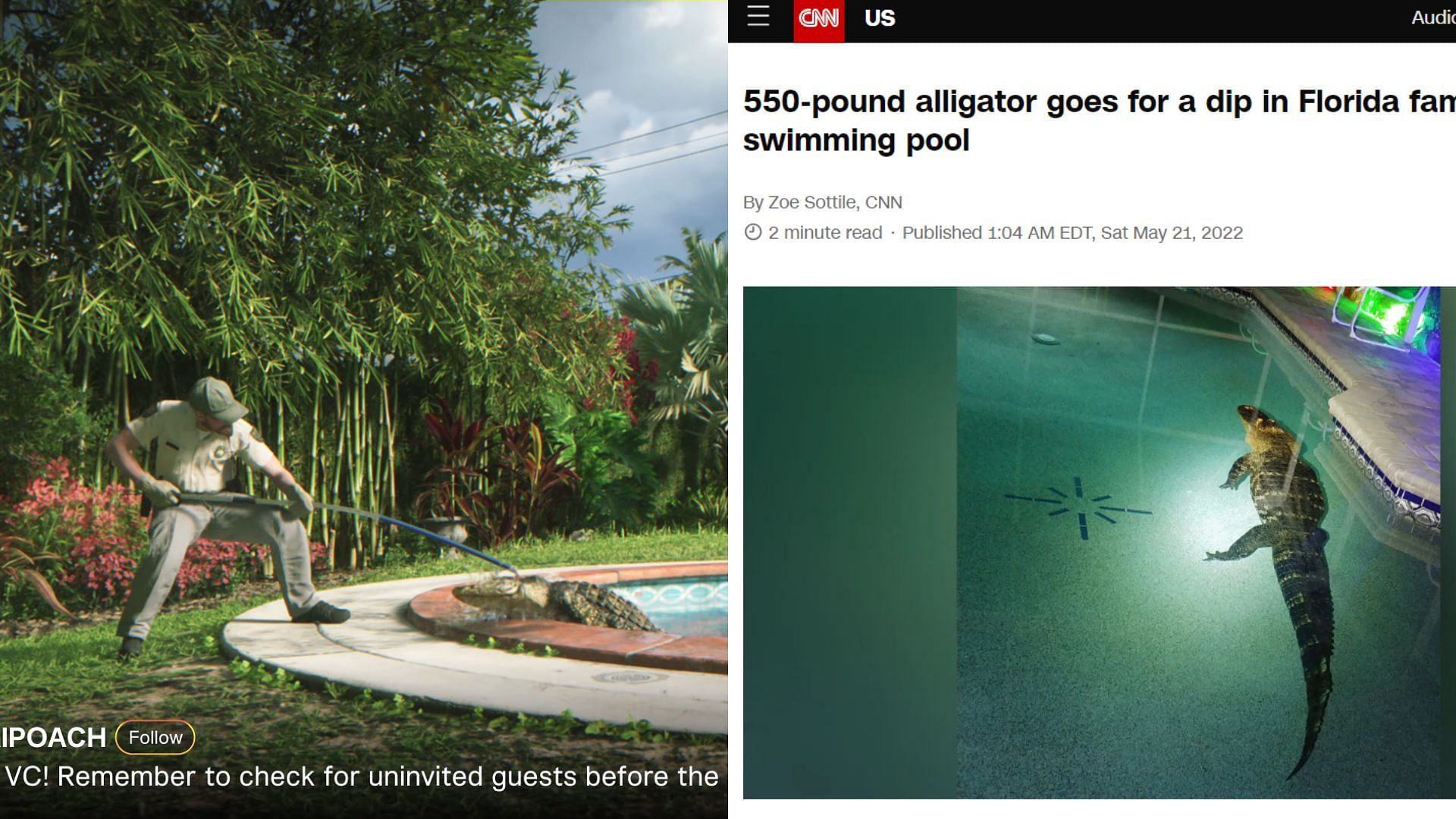 The alligator pool incident depicted in the trailer (Images via Rockstar Games, CNN)