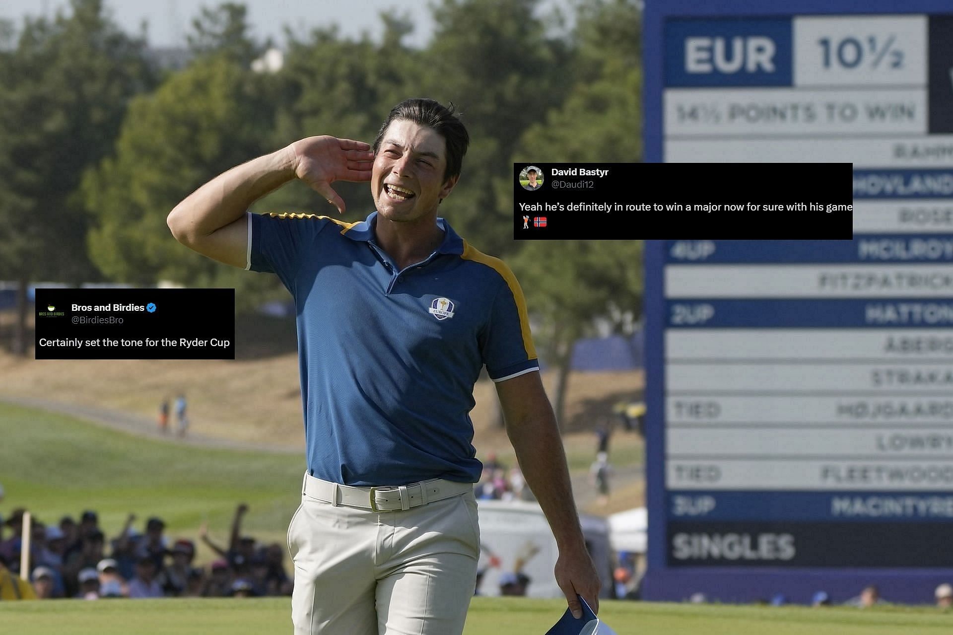 Viktor Hovland reacts during the 2023 Ryder Cup