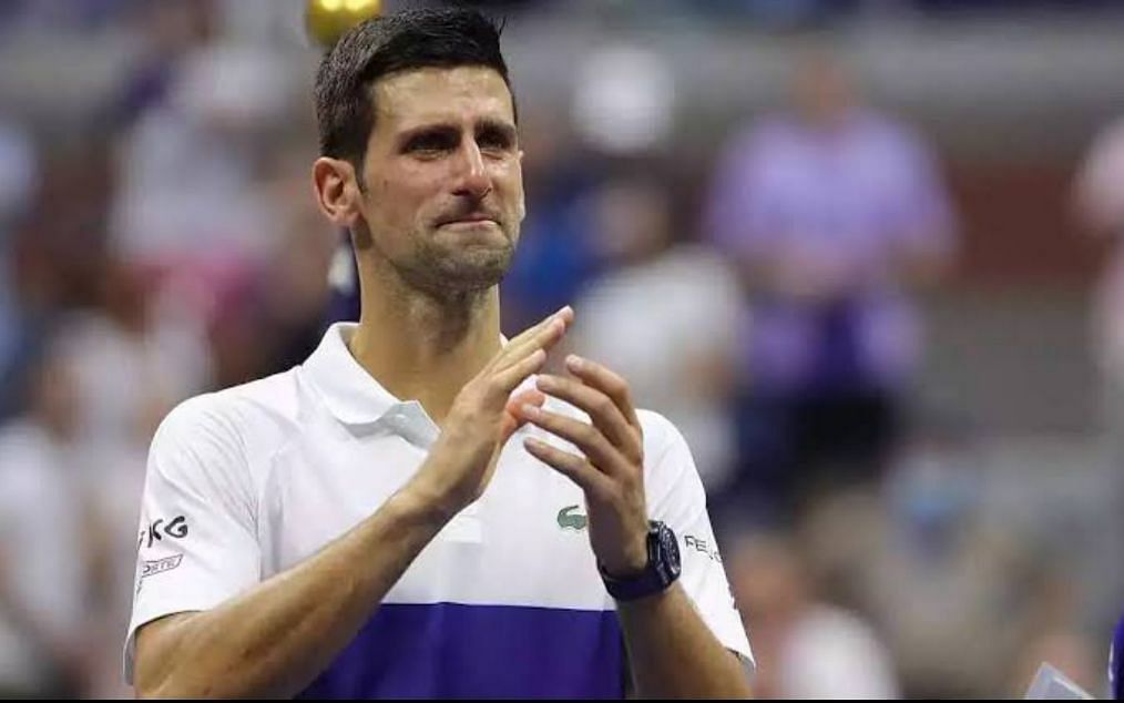 Djokovic reacts after losing in the final of the US Open in 2021