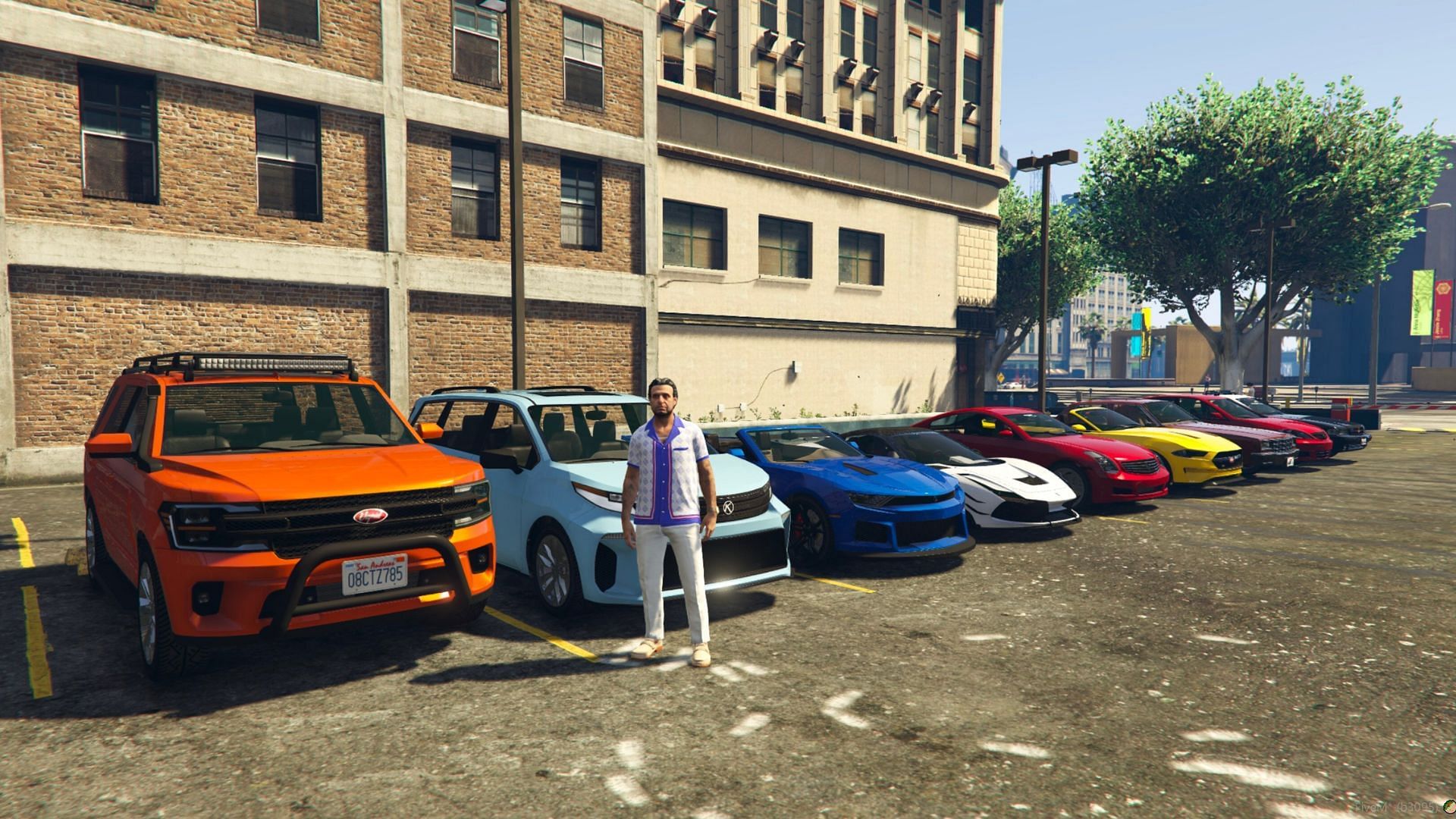 A screenshot of Yusuf Amir standing in front of new DLC cars. (Image via X/@FiveM)