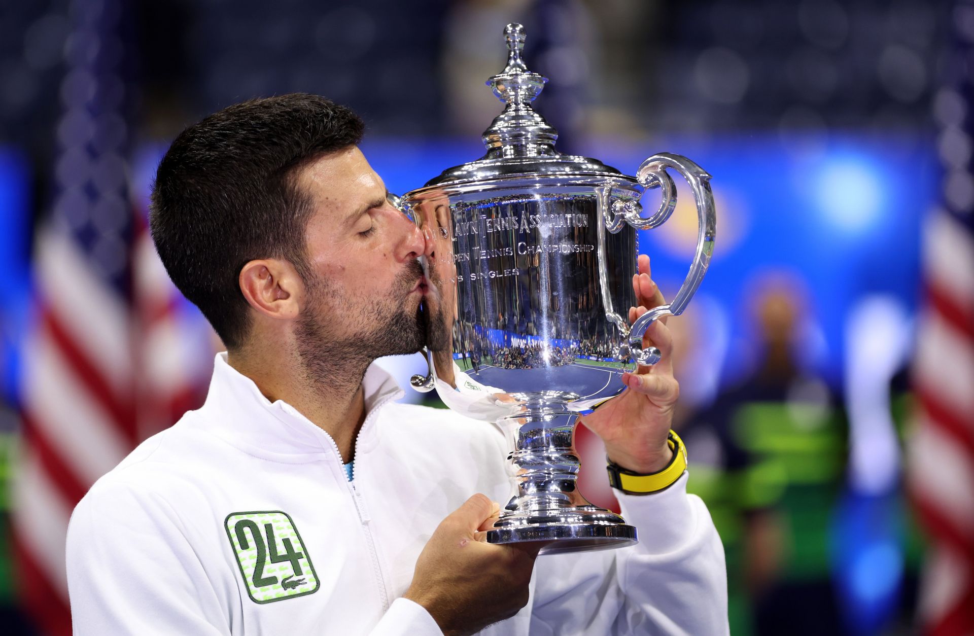 Novak Djokovic pictured with his 24th Grand Slam title at the 2023 US Open