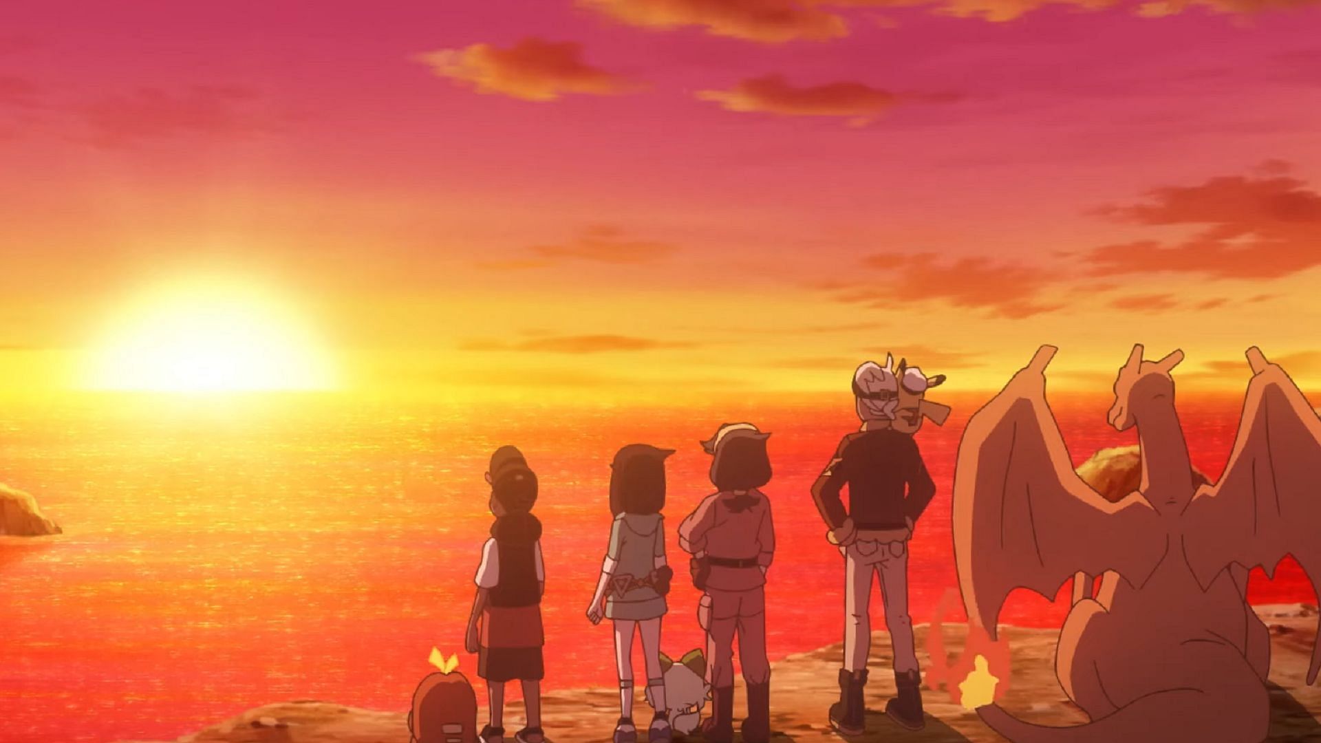 The Pokemon Horizons heroes enjoy a sunset as Wailord and the pirates depart (Image via The Pokemon Company)