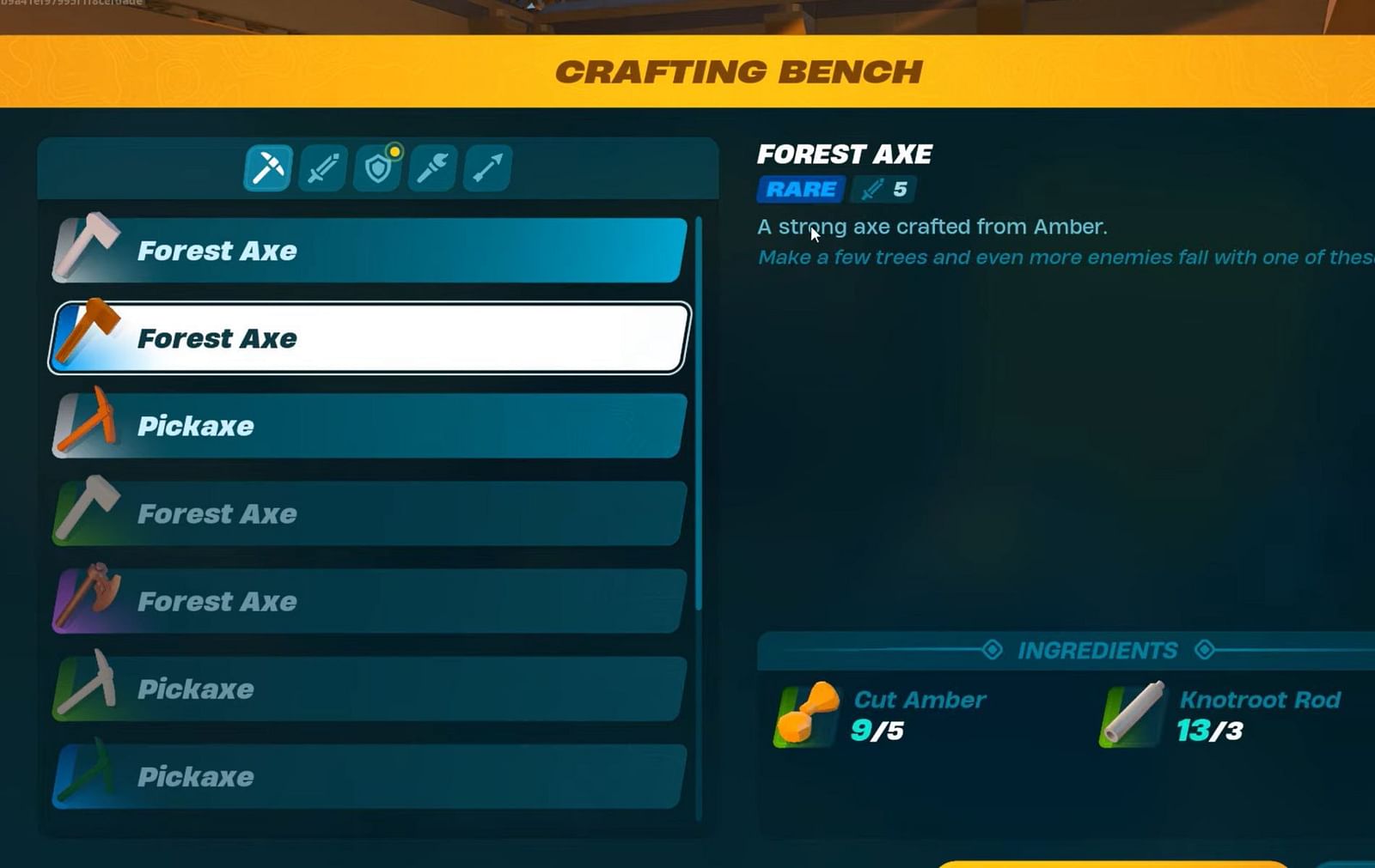 How to craft and upgrade Forest Axe in LEGO Fortnite