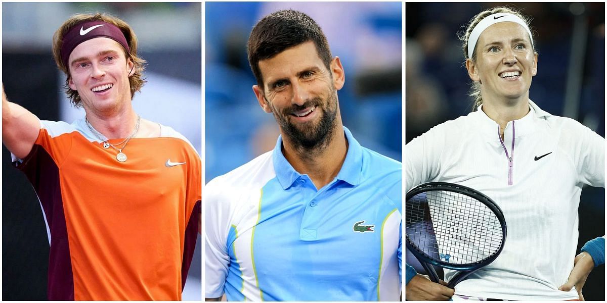 Andrey Rublev (L), Novak Djokovic, and Victoria Azarenka (R)