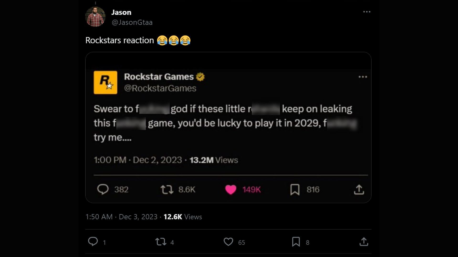 Fans are making fun of how Rockstar would react to the leak (Image via X/@JasonGtaa)