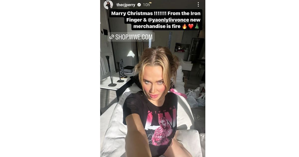 CJ Perry wearing Liv&#039;s merch and sharing the link to the WWE shop
