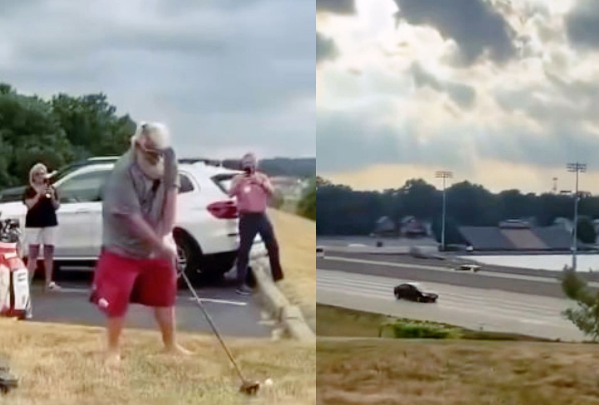 John Daly hitting a golf ball over a highway (Image via Getty).
