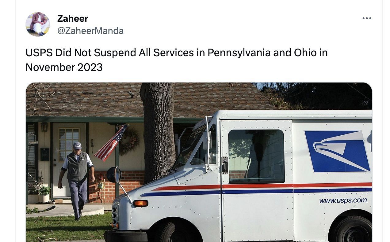 Fake news debunked as U.S. Postal Service has not suspended its services in 2 US states. (Image via X)