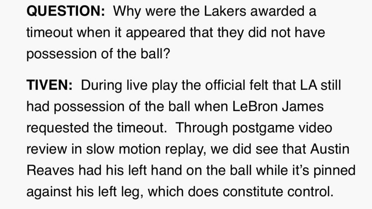 Josh Tiven&#039;s explanation on why the LA Lakers were allowed a crucial timeout late in the game against the Phoenix Suns.