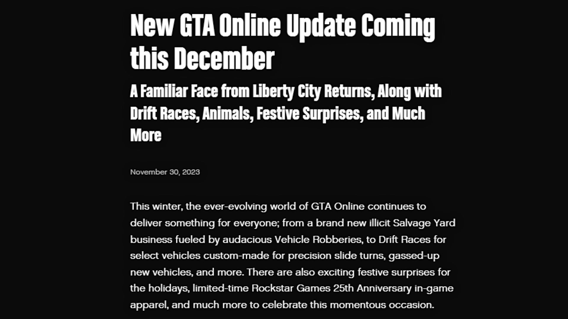 Rockstar mentions upcoming festive surprises for the holidays (Image via Rockstar Games Newswire)