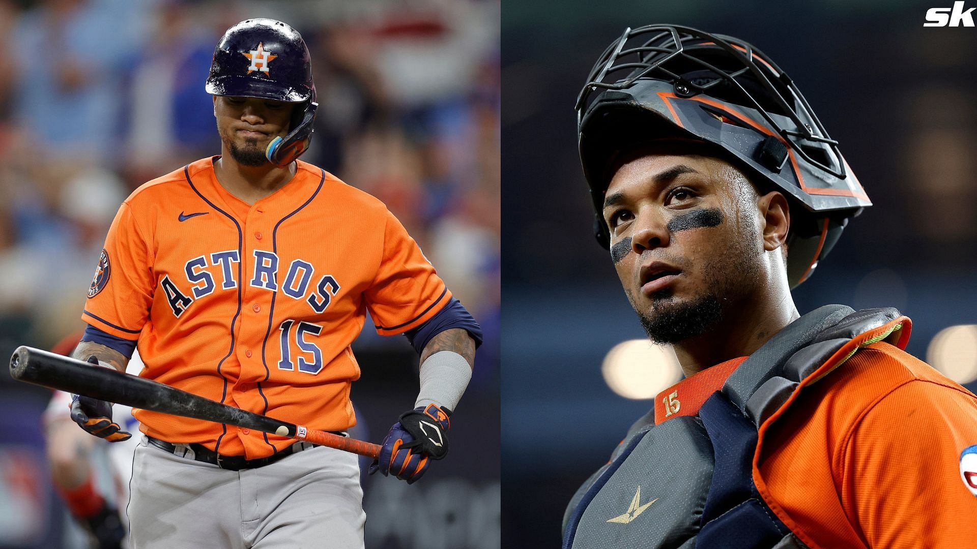 Martin Maldonado of the Houston Astros reacts during the ALCS against the Texas Rangers