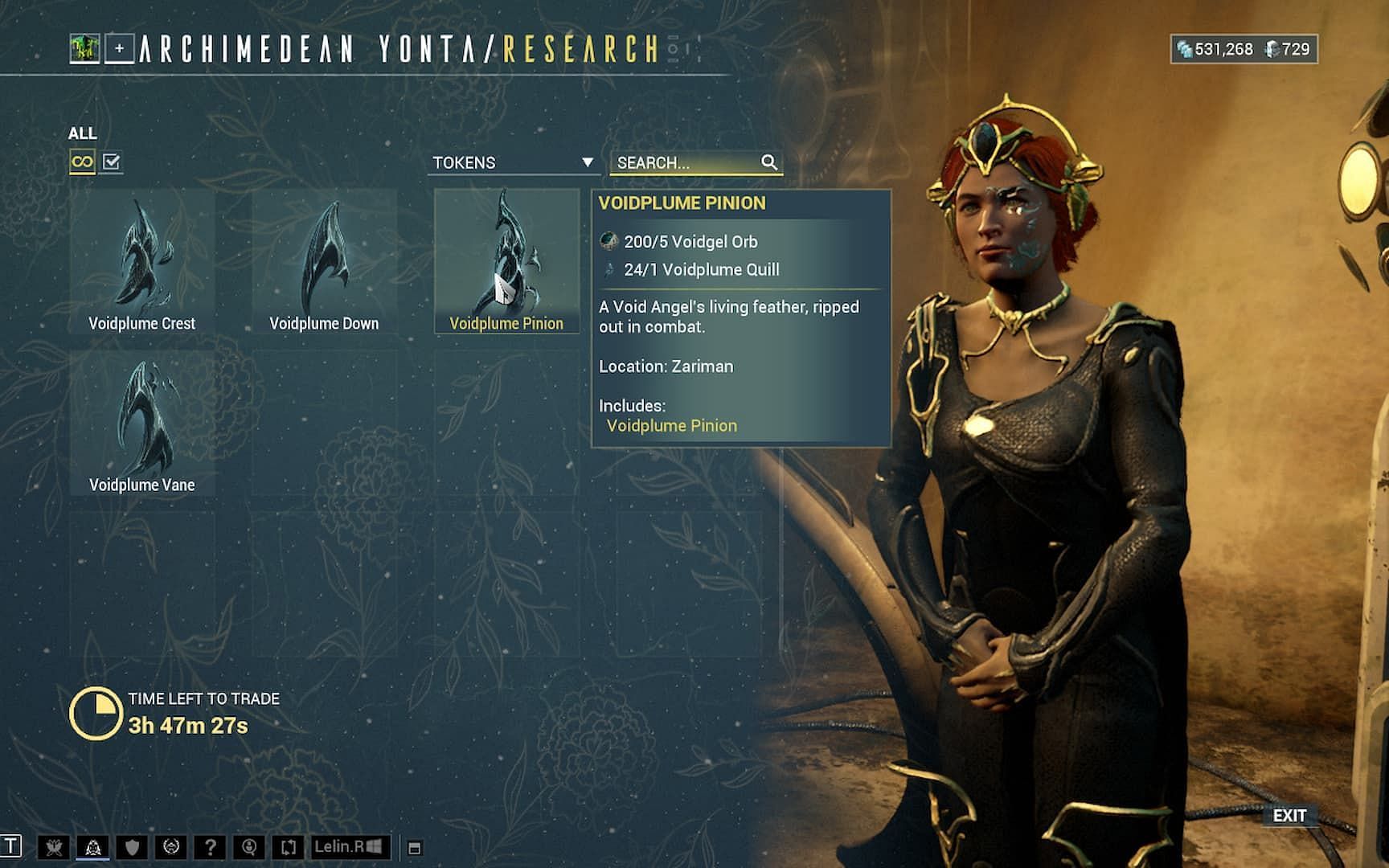 You can buy one Voidplume Pinion from Archimedean Yonta every time her wares reset (Image via Digital Extremes)