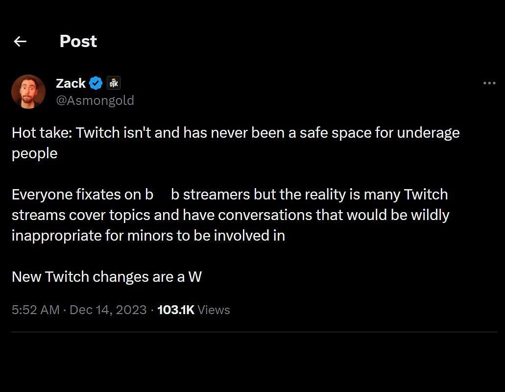 The post in favor of Twitch&#039;s new policy (Image via Zack/X)