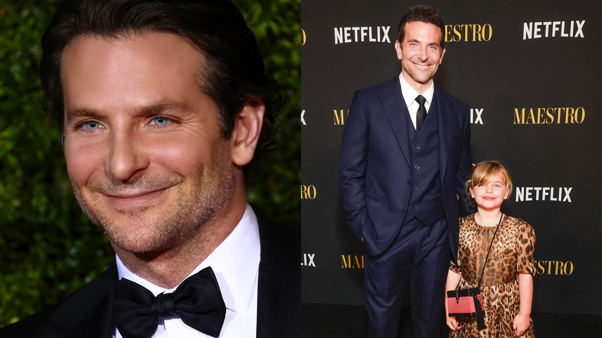 (L) Bradley Cooper, (R) with daughter Lea at the premiere for Maestro (Images via IMDb and Netflix)