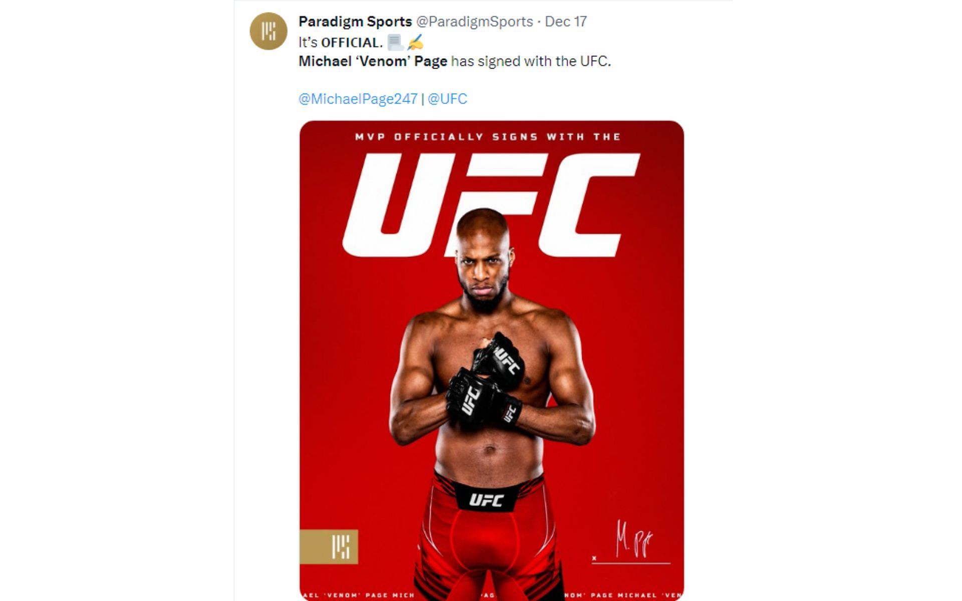 Tweet regarding MVP signing with the UFC.