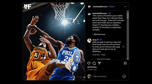 Shaquille O'Neal responds to Bill Simmons' claim that Joel Embiid is better (Image via basketballforever/Instagram))