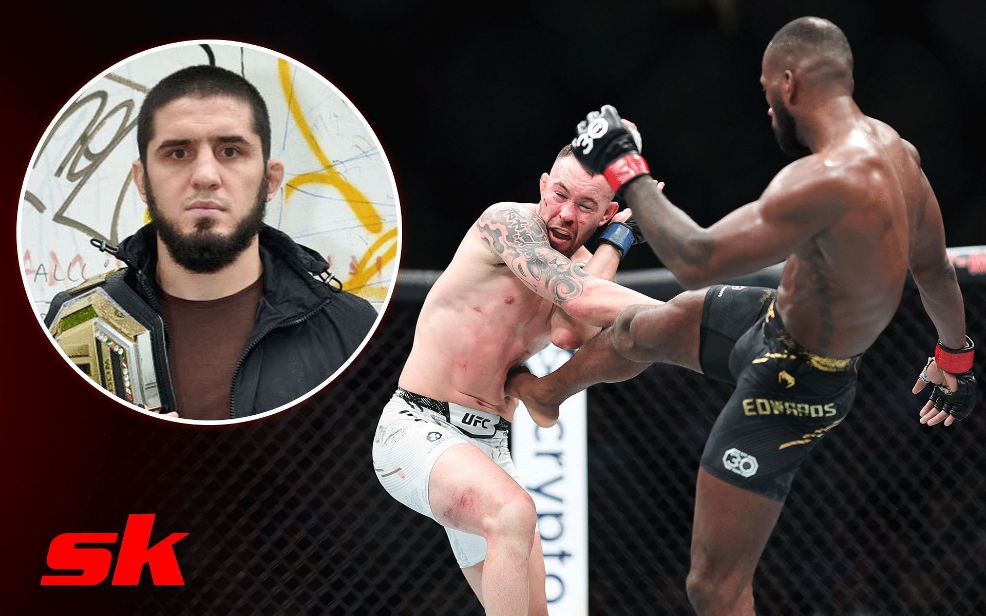 Islam Makhachev (left ) pens six word message to Colby Covington and Leon Edwards (right) [Image courtesy Getty Images and @Islam_Makhachev on Instagram