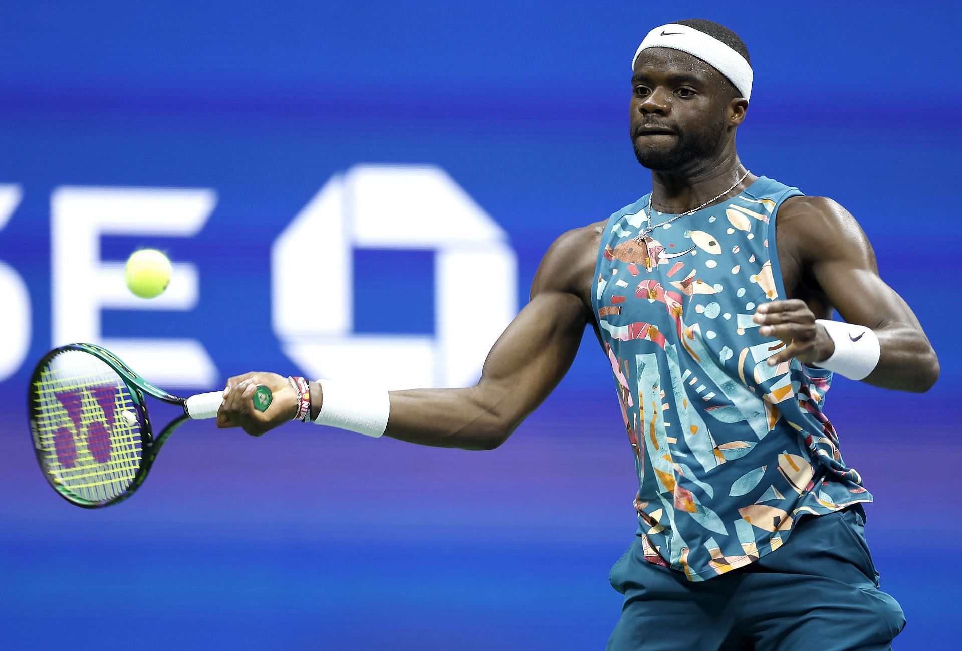 Frances Tiafoe hits a forehand at the 2023 US Open