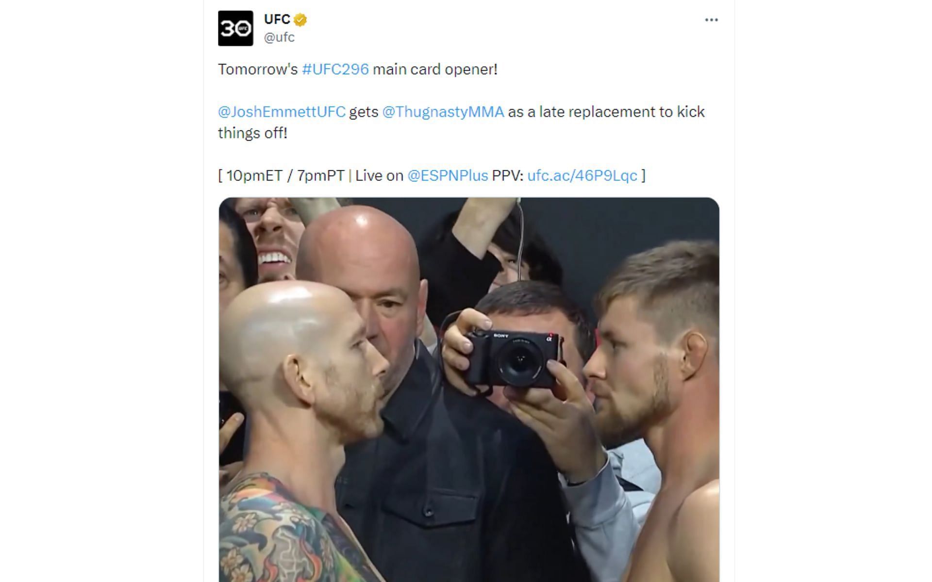 Tweet regarding UFC 296 main card opening bout